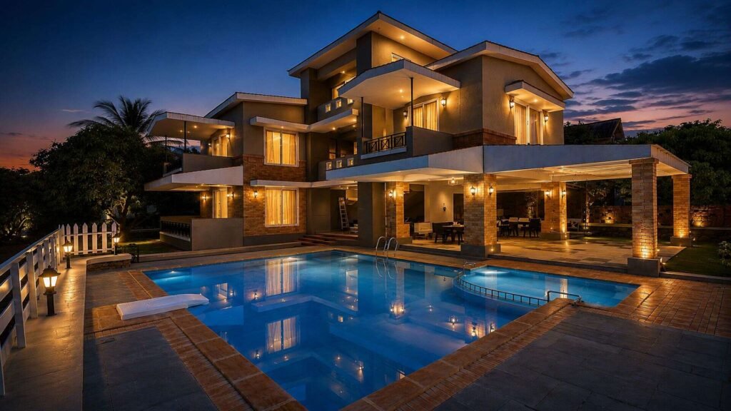 Ratnamani Luxury Villa lit at night, its private pool in the foreground