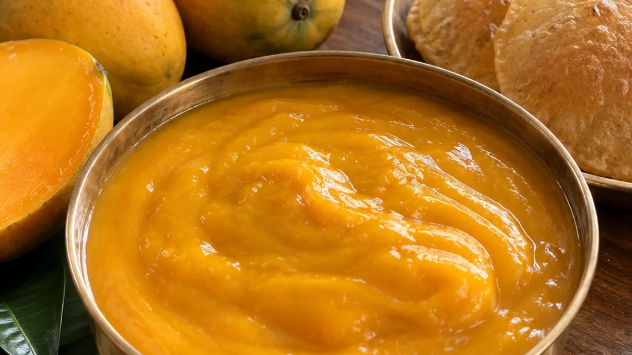A brass bowl of fresh aamras beside whole Alphonso mangoes and a plate of puris on a wooden table