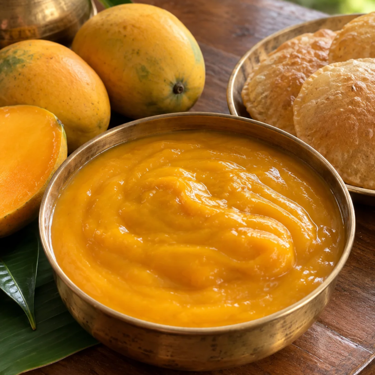 A brass bowl of fresh aamras beside whole Alphonso mangoes and a plate of puris on a wooden table