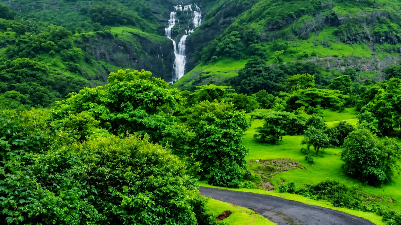 A waterfall falling into a green Konkan valley under monsoon cloud, with a road curving through the hills