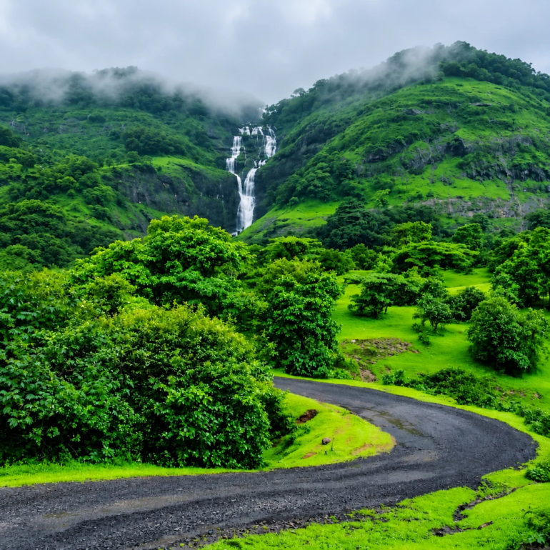 A waterfall falling into a green Konkan valley under monsoon cloud, with a road curving through the hills
