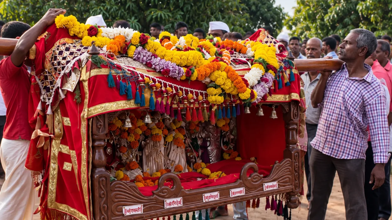 Villagers carrying a flower-covered wooden palkhi through a Konkan village during Shimga