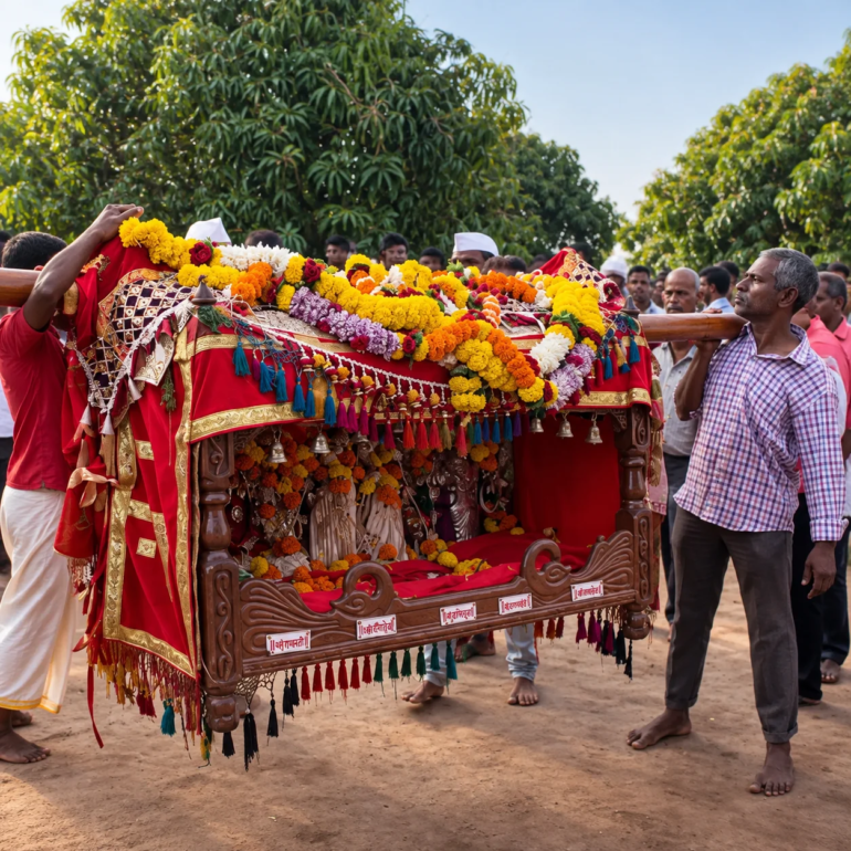 Villagers carrying a flower-covered wooden palkhi through a Konkan village during Shimga