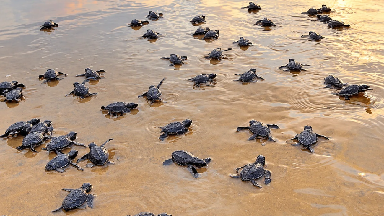 Olive Ridley hatchlings crossing wet sand towards the sea at first light
