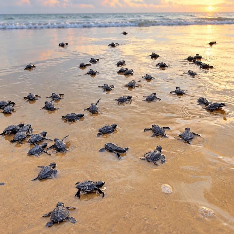 Olive Ridley hatchlings crossing wet sand towards the sea at first light
